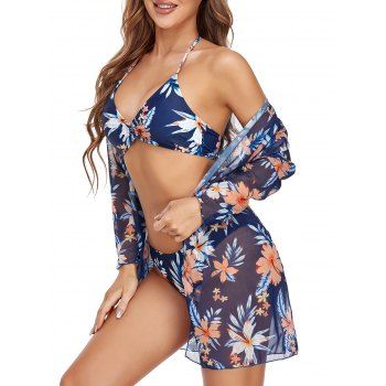

Beach Cover Up Top Leaf Floral Print Mesh Sheer Long Sleeve Open Front Vacation Cover-up, Blue
