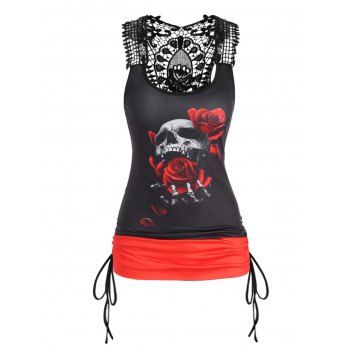 

Contrast Colorblock Casual Tank Top Rose Skull Print Lace Panel Cinched Summer Top, Red