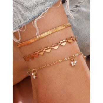 

3 Pcs Trendy Anklets Heart Rhinestone Butterfly Charms Summer Ankle Chains Set, Golden