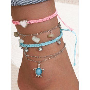 

4 Pcs Beach Anklets Turtle Faux Turquoise Heart Rhinestone Charms Braided Rope Layered Trendy Ankle Chains Set, Blue