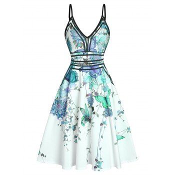 

Vacation A Line Sundress Butterfly Flower Print Garden Party Dress Plunge Contrast Piping Summer Dress, Light green