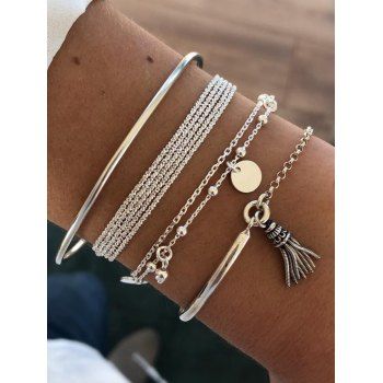 Fashion Women Trendy 4 Pcs Bracelets Tassel Geometric Charms Beaded Silver Layered Cuff Chain Bracelets Set Jewelry Online Silver