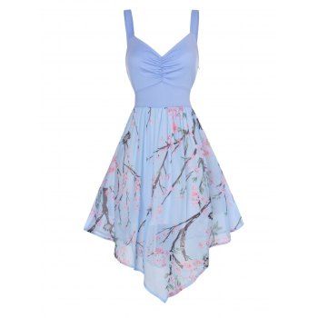 Women Vacation Chiffon Midi Floral Sundress Peach Blossom Print Ruched Pointed Hem Empire Waist Casual Summer Dress Clothing M Light blue