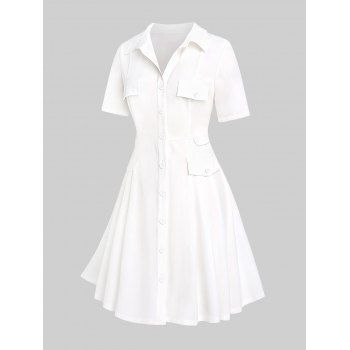 

Plus Size Flap Pockets Button Up Shirt Dress, White