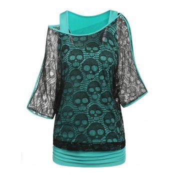 

Skull Lace Insert Faux Twinset Top, Light green
