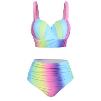 

Ombre Tankini Swimsuit Rainbow Striped Print Scalloped Underwire Push Up Ruched Tummy Control Summer Swimwear, Multicolor a