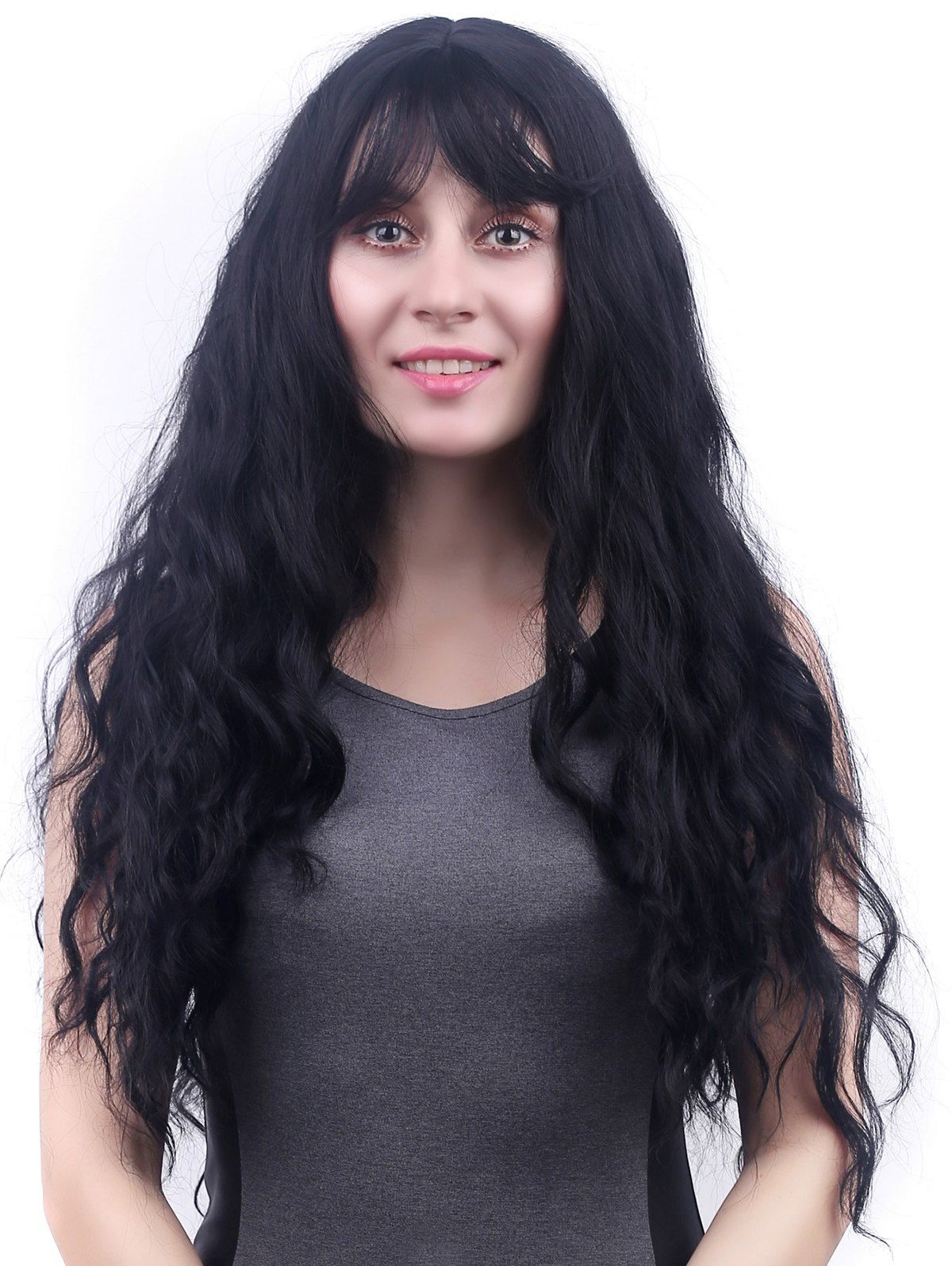 Elegant Heat Resistance Systhetic Hair Full Bang Wavy Solid Color Long Trendy Wig - BLACK 
