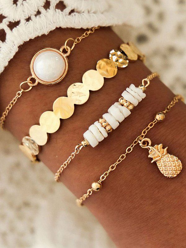 4 Pièces Ensemble de Bracelets Vintage Perlés Ananas Géométrique - d'or 