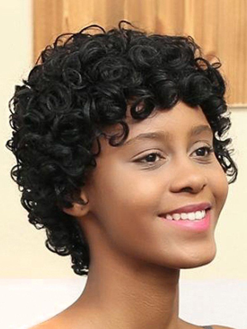 Curly Short Wig Full Bang Solid Color Trendy Heat Resistance Synthetic Hair - BLACK 