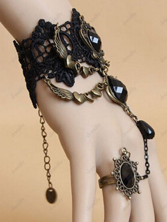 Bracelet en Dentelle Ajourée Motif Cœur Soleil et Pierre Style Gothique Vintage - Noir 