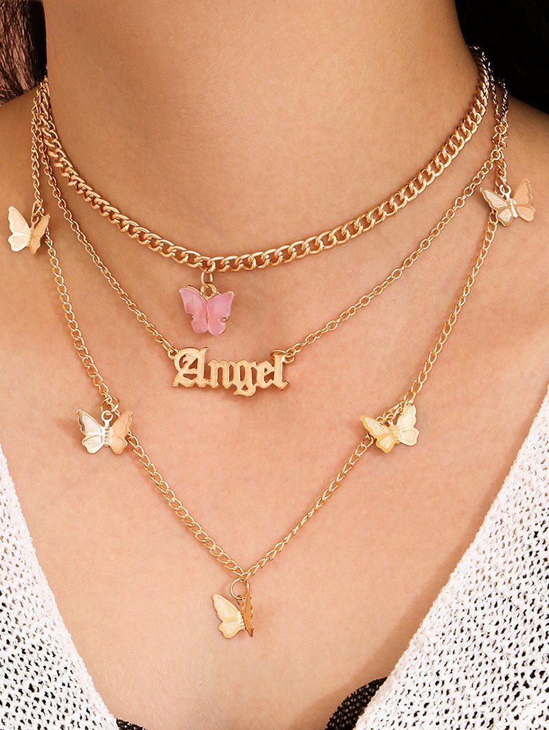 Sweety Layered Necklace Letter Vivid Butterfly Trendy Charm Necklace - GOLDEN 