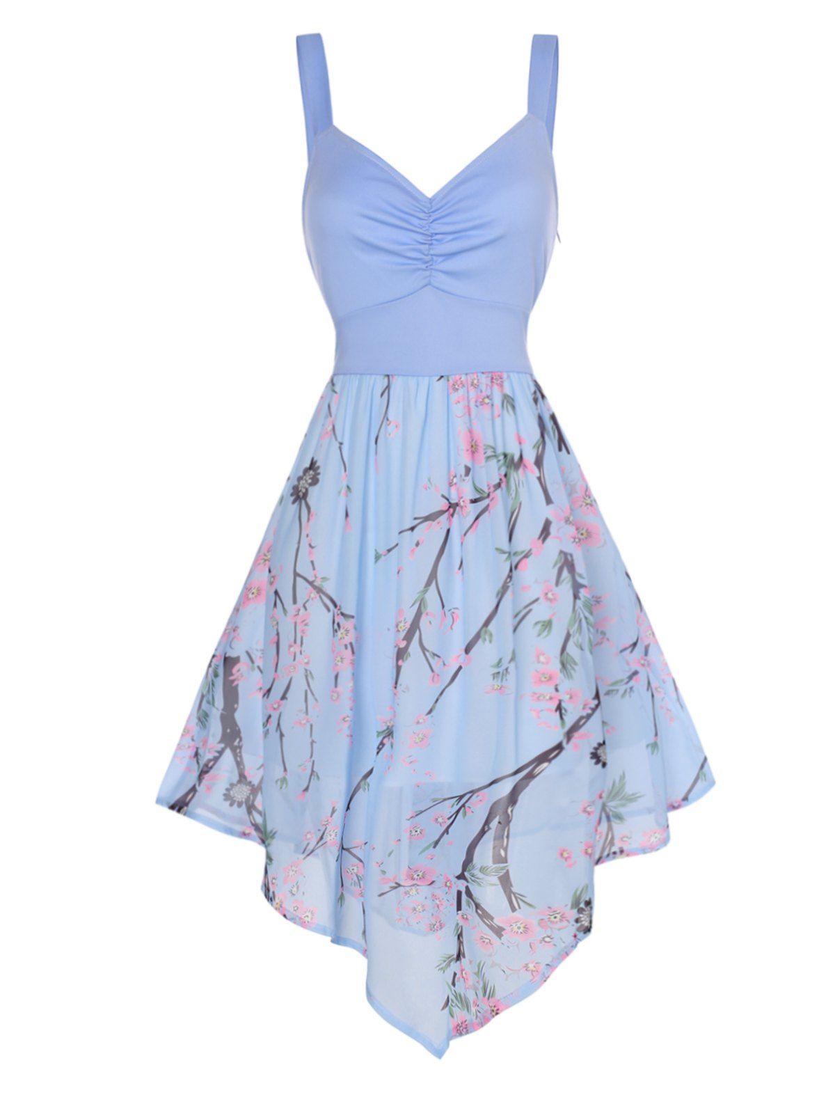 Vacation Chiffon Midi Floral Sundress Peach Blossom Print Ruched Pointed Hem Empire Waist Casual Summer Dress - LIGHT BLUE M