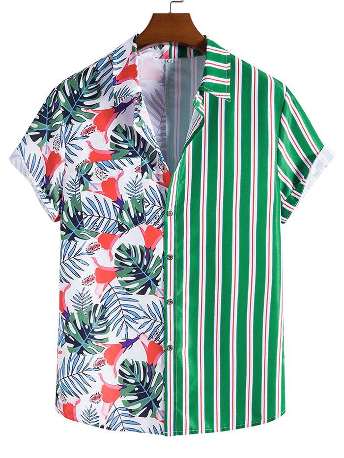 Tropical Shirt Striped Leaf Floral Print Front Pocket Summer Casual Button-up Shirt - multicolor A 2XL