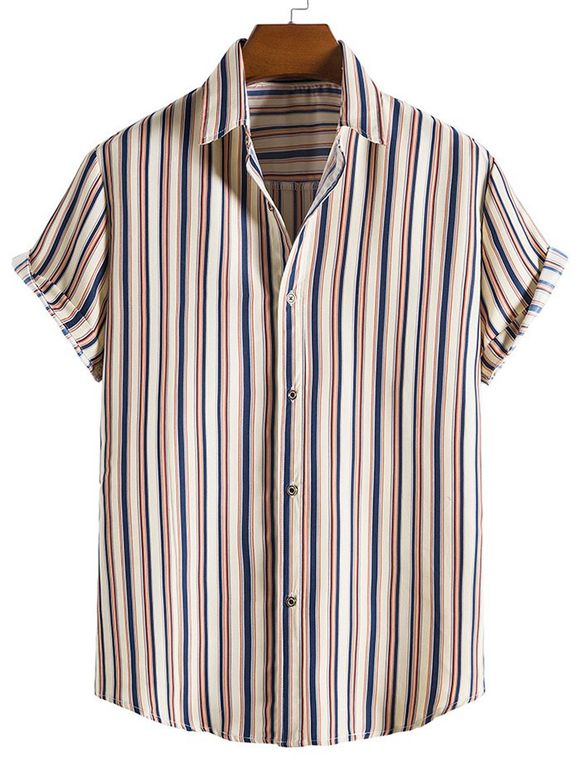 Casual Shirt Vertical Striped Print Curved Hem Turn Down Collar Short Sleeve Summer Shirt - multicolor B S