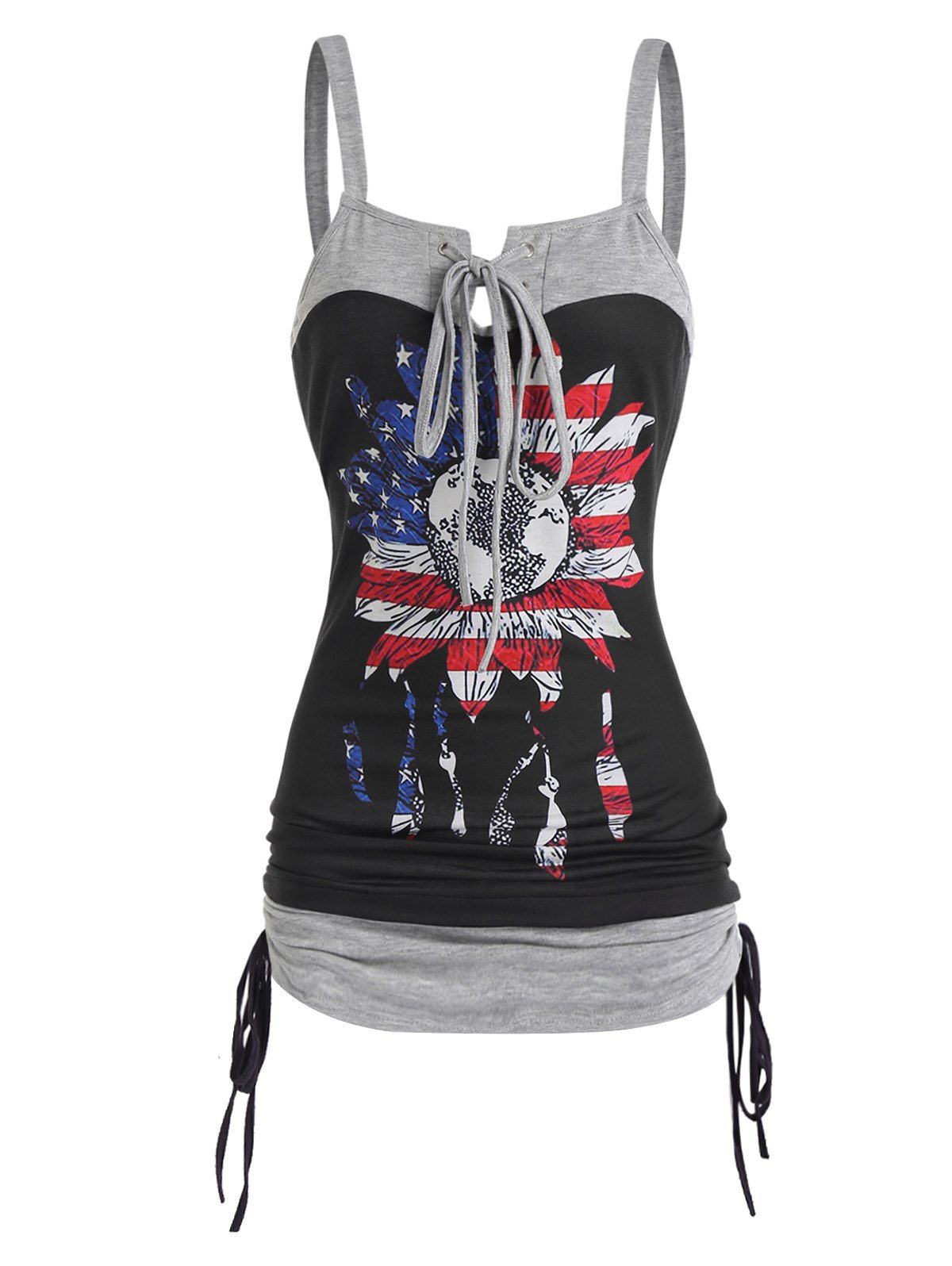 Floral Print Casual Tank Top Contrast Colorblock Lace Up Cinched American Flag Summer Top - BLACK L