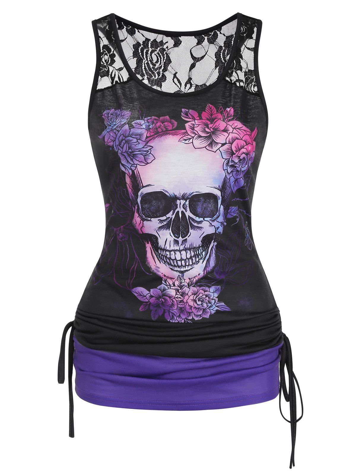Summer Gothic Contrast Colorblock Tank Top Skull Floral Print Cinched Lace Insert Top - BLACK S