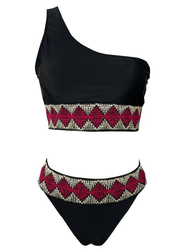 Beach Tankini Swimsuit Geometric Print High Cut One Shoulder Padded Summer Swimwear - BLACK XL