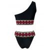 Beach Tankini Swimsuit Geometric Print High Cut One Shoulder Padded Summer Swimwear - BLACK XL