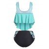 Vacation Swimsuit Ruched Pointed Hem Butterfly Print Tankini Swimwear - LIGHT GREEN L