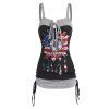 Floral Print Casual Tank Top Contrast Colorblock Lace Up Cinched American Flag Summer Top - BLACK S