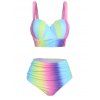 Ombre Tankini Swimsuit Rainbow Striped Print Scalloped Underwire Push Up Ruched Tummy Control Summer Swimwear - multicolor A XXL