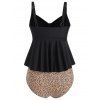 Plus Size Leopard Print Swimsuit Cinched Ruched High Waist Ruffle Modest Tankini Swimwear - multicolor XL