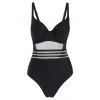 Plus Size One-piece Swimsuit Striped Underwire Push Up Plunging Neck Mesh Black Swimwear - BLACK L