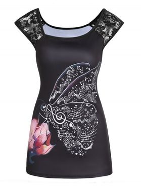 Music Notes Butterfly Gothic Tank Top Flower Pattern Lace Panel Summer Tank Top