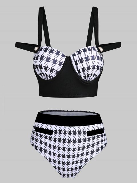 Houndstooth Print Swimsuit Moulded High Rise Swimwear