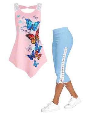 Cut Out Butterfly Print Tank Top And Flower Lace Jeggings Outfit