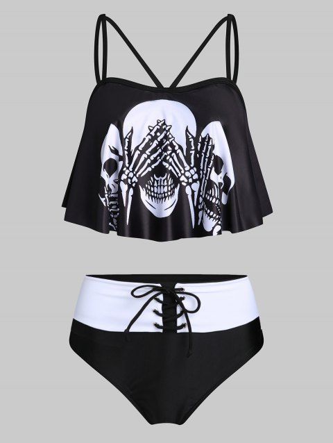 Gothic Tankini Swimsuit Skeleton Skull Print Lace Up Padded Colorblock Tummy Control Swimwear