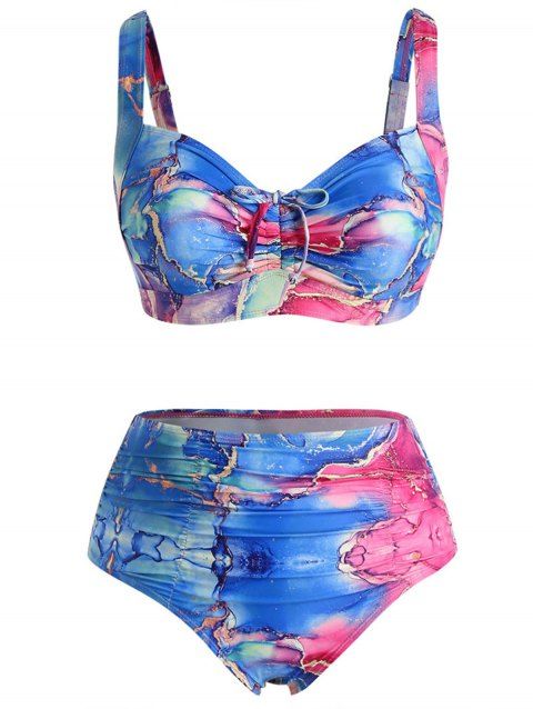 Plus Size Tummy Control Bikini Swimsuit Tie Dye Print Ruched Cinched Summer Beach Swimwear