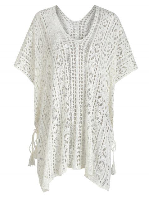 Beach Cover Up Top Slit Crochet Hollow Out Tassel Solid Color Sheer Cover-up