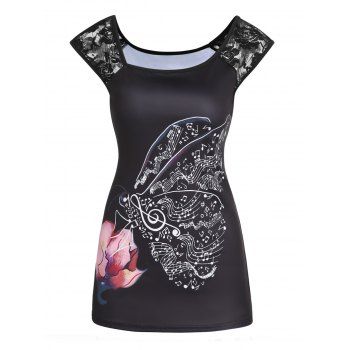 

Music Notes Butterfly Gothic Tank Top Flower Pattern Lace Panel Summer Tank Top, Black