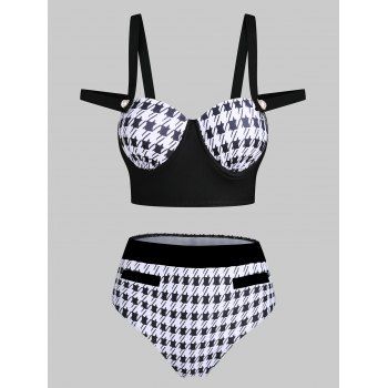 

Houndstooth Print Swimsuit Moulded High Rise Swimwear, Black