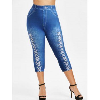 

Plus Size Faux Denim 3D Print Casual Jeggings Elastic Waist Mock Pockets Lace Up Leggings, Deep blue