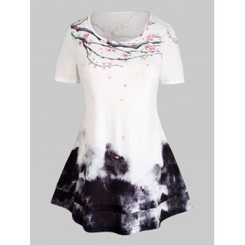 

Plus Size Floral Ink Print Short Sleeve Tunic T-shirt, White