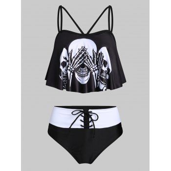 

Gothic Tankini Swimsuit Skeleton Skull Print Lace Up Padded Colorblock Tummy Control Swimwear, Black