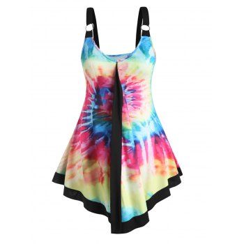 

Plus Size Colorful Tie Dye Tank Top Asymmetrical Hem O Ring Curve Top, Multicolor