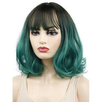 

Ombre Short Full Bang Wavy Heat Resistant Synthetic Wig, Deep green