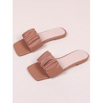 

Trendy Square Toe Sandals Ruched Flat Slide Summer Beach Shoes, Light coffee