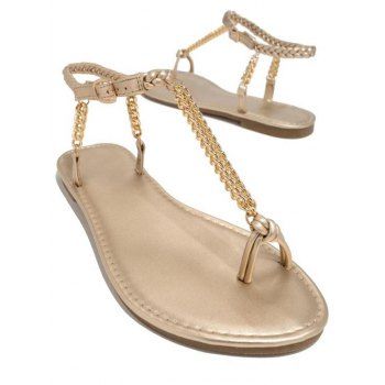 

Trendy Chain Toe Ring Sandals Flat Slide Slip-on Summer Beach Shoes, Golden