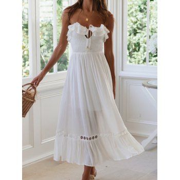

Garden Party Dress Fresh Style Midi Vacation Dress Off the Shoulder Ruffle Bowtie Ruched Lace Insert Hollow Out Tiered Summer Dress, White
