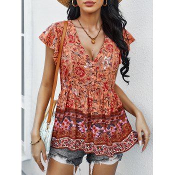 

Bohemian T Shirt Leaf Floral Print Half Button High Waist Flutter Sleeve Hollow Out Summer Tee, Orange