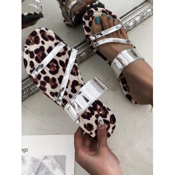 

Leopard Print Sandals Slip On Vamp Flat Slide Trendy Summer Beach Shoes, Silver