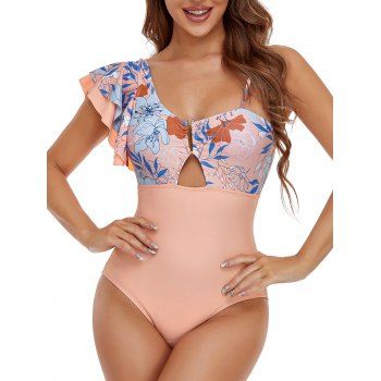 Women Beach One-piece Swimsuit Keyhole Floral Leaf Print High Waist Summer Bohemian Swimwear Beachwear M Light pink