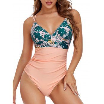 

Beach One-piece Swimsuit Floral Leaf Print High Waist Padded Summer Swimwear, Light pink
