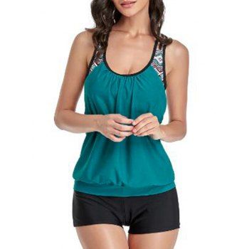 

Tummy Control Tankini Swimsuit Geometric Print Cut Out Ringer Boyshort Summer Modest Swimwear, Deep green