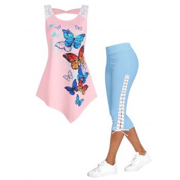 

Cut Out Butterfly Print Tank Top And Flower Lace Jeggings Outfit, Multicolor