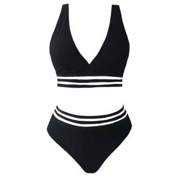 

Textured Tankini Swimsuit Sheer Striped Plunging Neck Padded Summer Beach Swimwear, Black